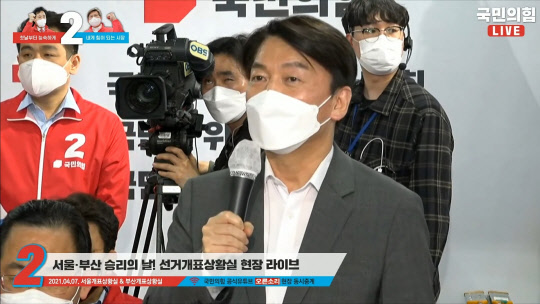 안철수 국민의당 대표가 8일 서울 여의도 국민의힘 당사에서 오세훈 후보의 승리를 축하하고 있다. 국민의힘 유튜브 캡처